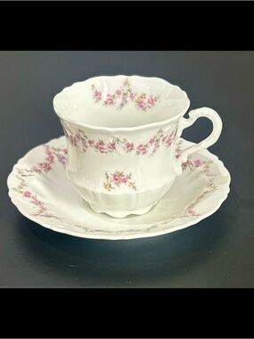 Vintage White Porcelain Teacup & Saucer with Pink Floral Garland